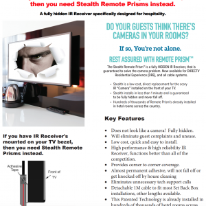 If you have IR receiver's mounted on your TV bezel, then you need Stealth Remote Prisms instead