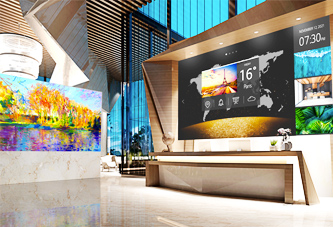 View of a lobby utilizing digital signage