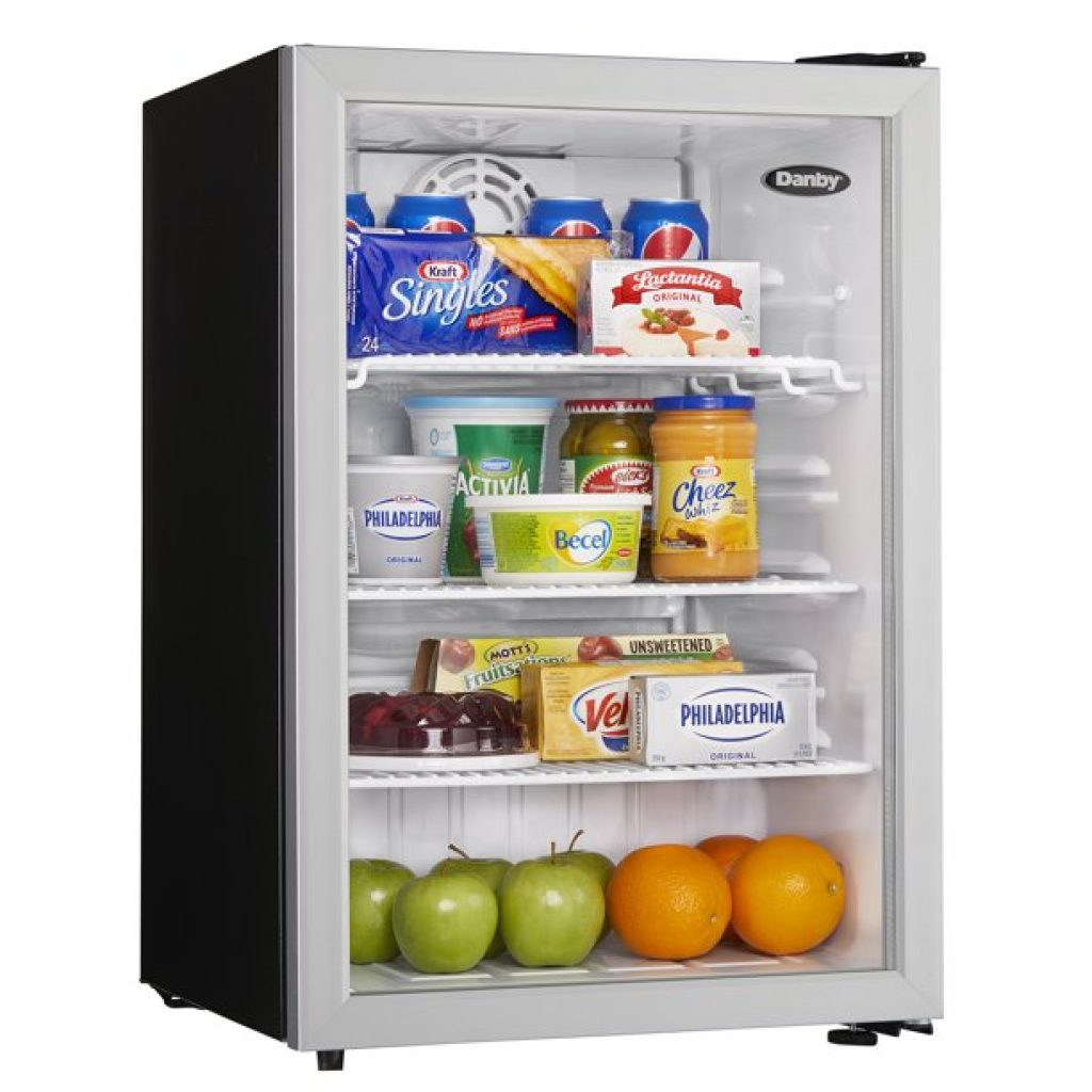 Compact Commercial Glass Door Refrigerator 2.6

 	Stainless Look
 	Trimmed Glass Door with Black Cabinet
 	Unit Dimensions: Width 17 ½ in. (44.5 cm) Depth 19 11/16 in. (50.0 cm) Height 27 1/8 in. (68.9 cm)